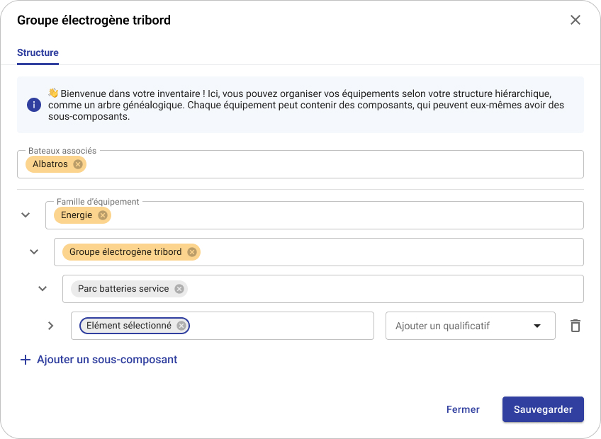 Gestion de l'inventaire — modale structure