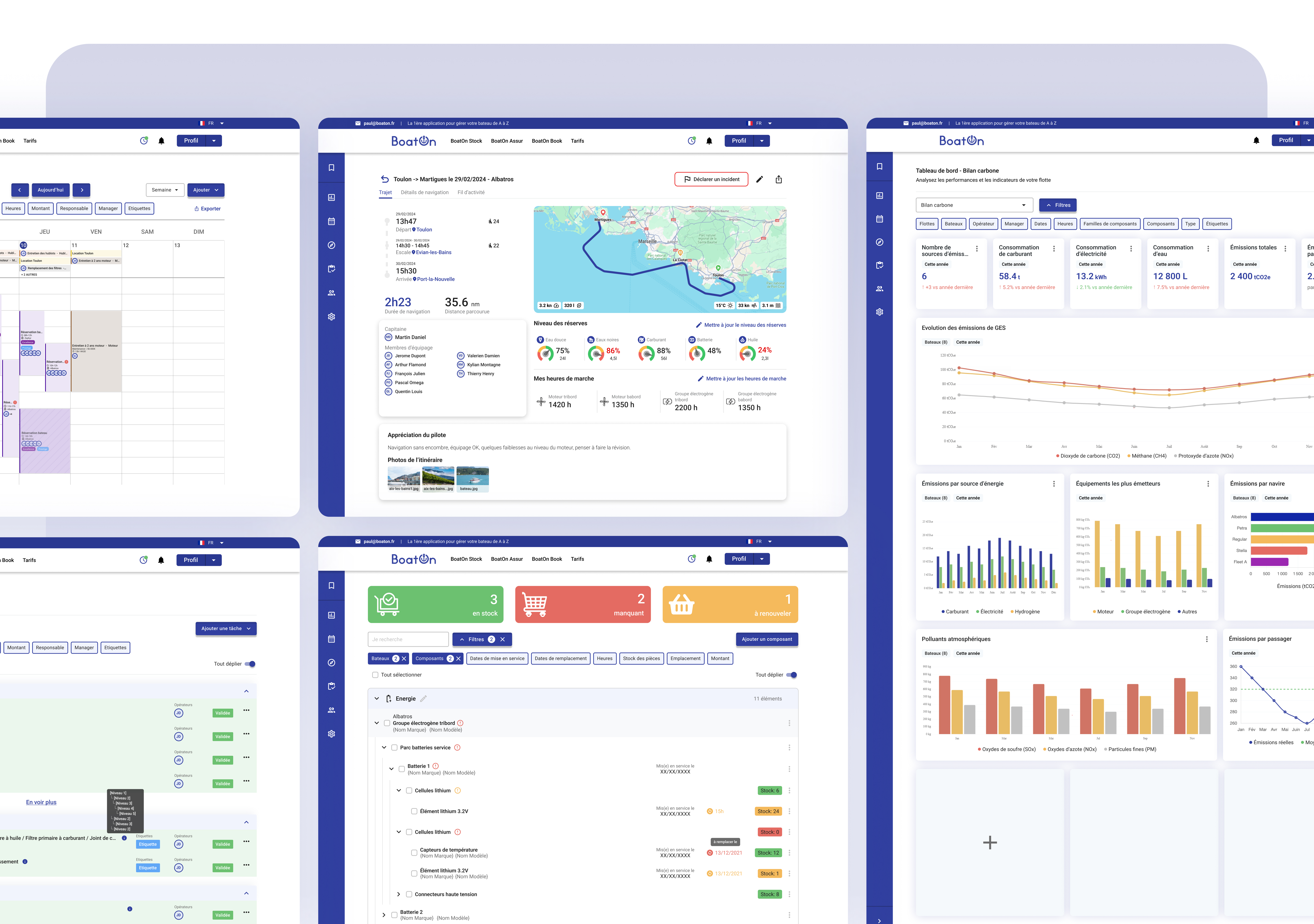 BoatOn — aper&ccedil;u des 5 &eacute;crans principaux